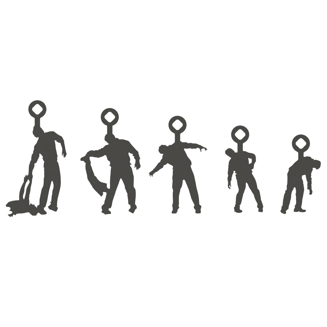 Five zombie-shaped steel targets in different poses, lined up side by side. Each target features a loop hanger on top, and they are silhouetted against a white background.
