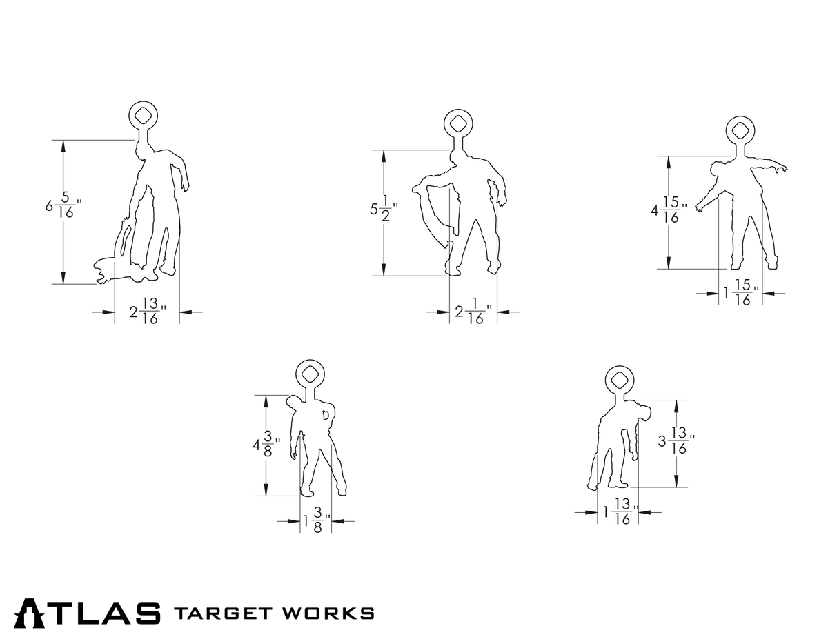A blueprint-style diagram showing five zombie-shaped steel targets with detailed dimensions for each. The targets have loop hangers on top.