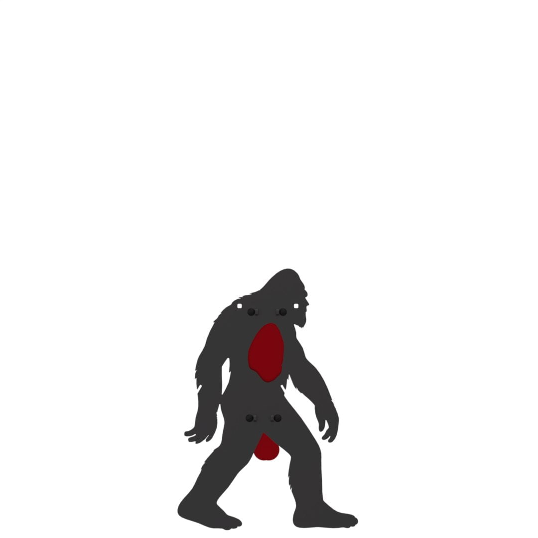Three-foot Sack Squatch bigfoot steel target with reactive red vital flapper in the chest and a second flapper below the waist
