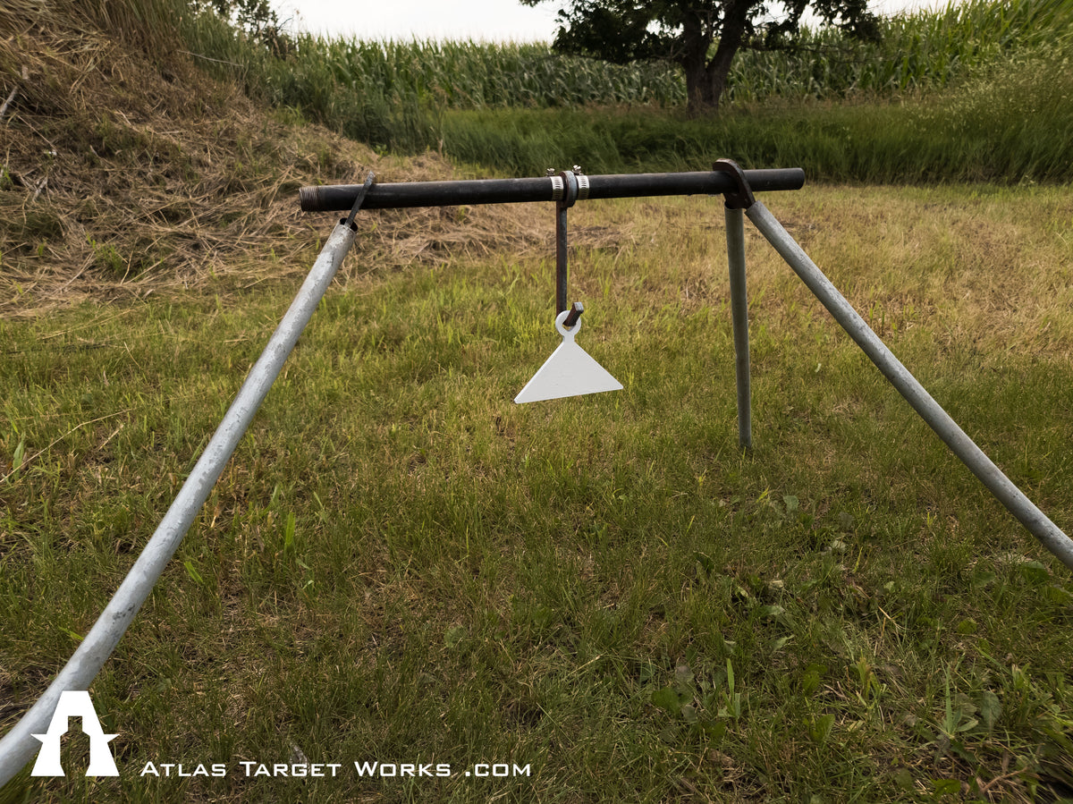 AR500 Stubby Triangle Target on single hook gong hanger kit