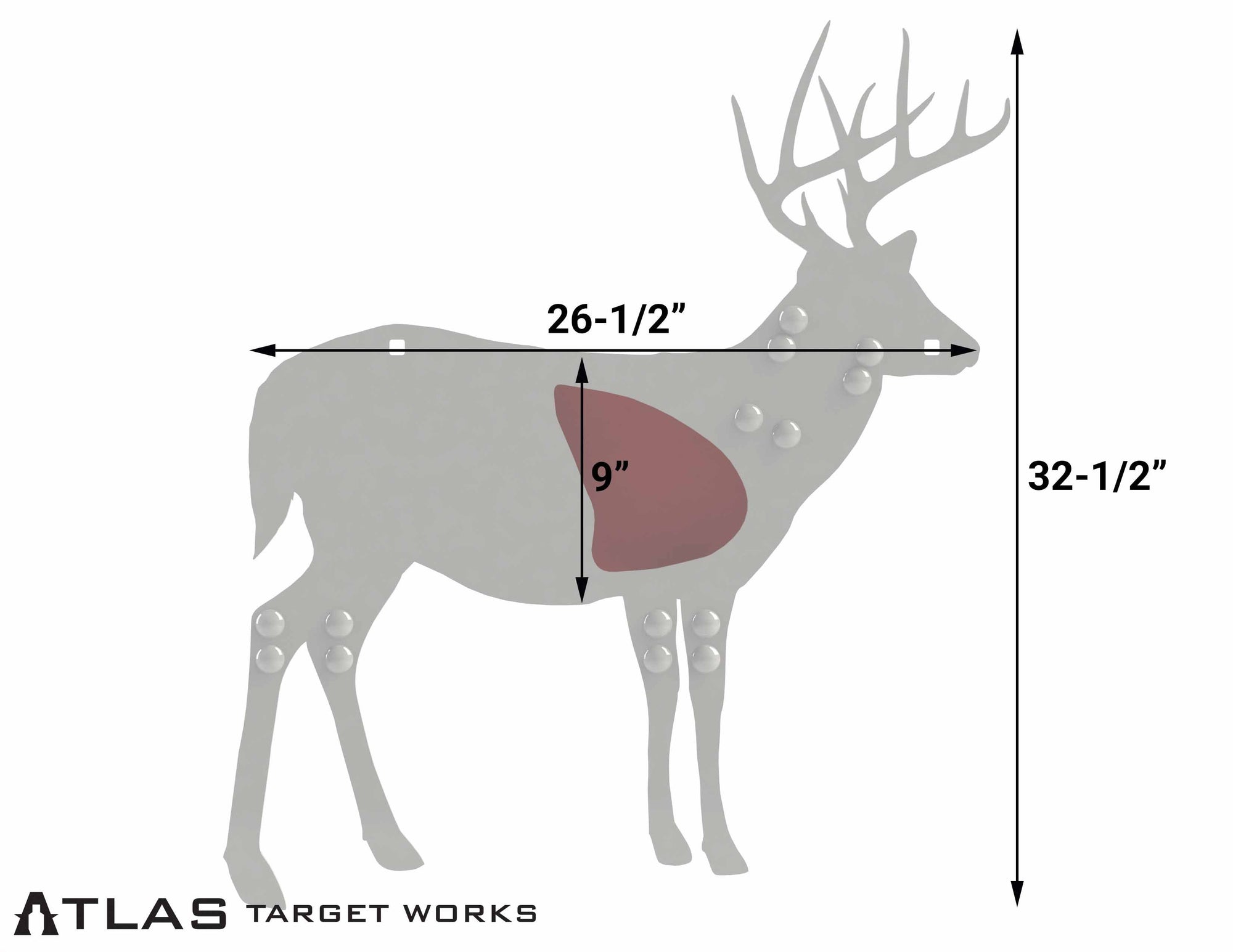 Half Scale AR500 Whitetail Buck Target with dimensions. 32 1/2" Tall and 26 1/2" Long 