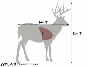 Half Scale AR500 Whitetail Buck Target with dimensions. 32 1/2" Tall and 26 1/2" Long 