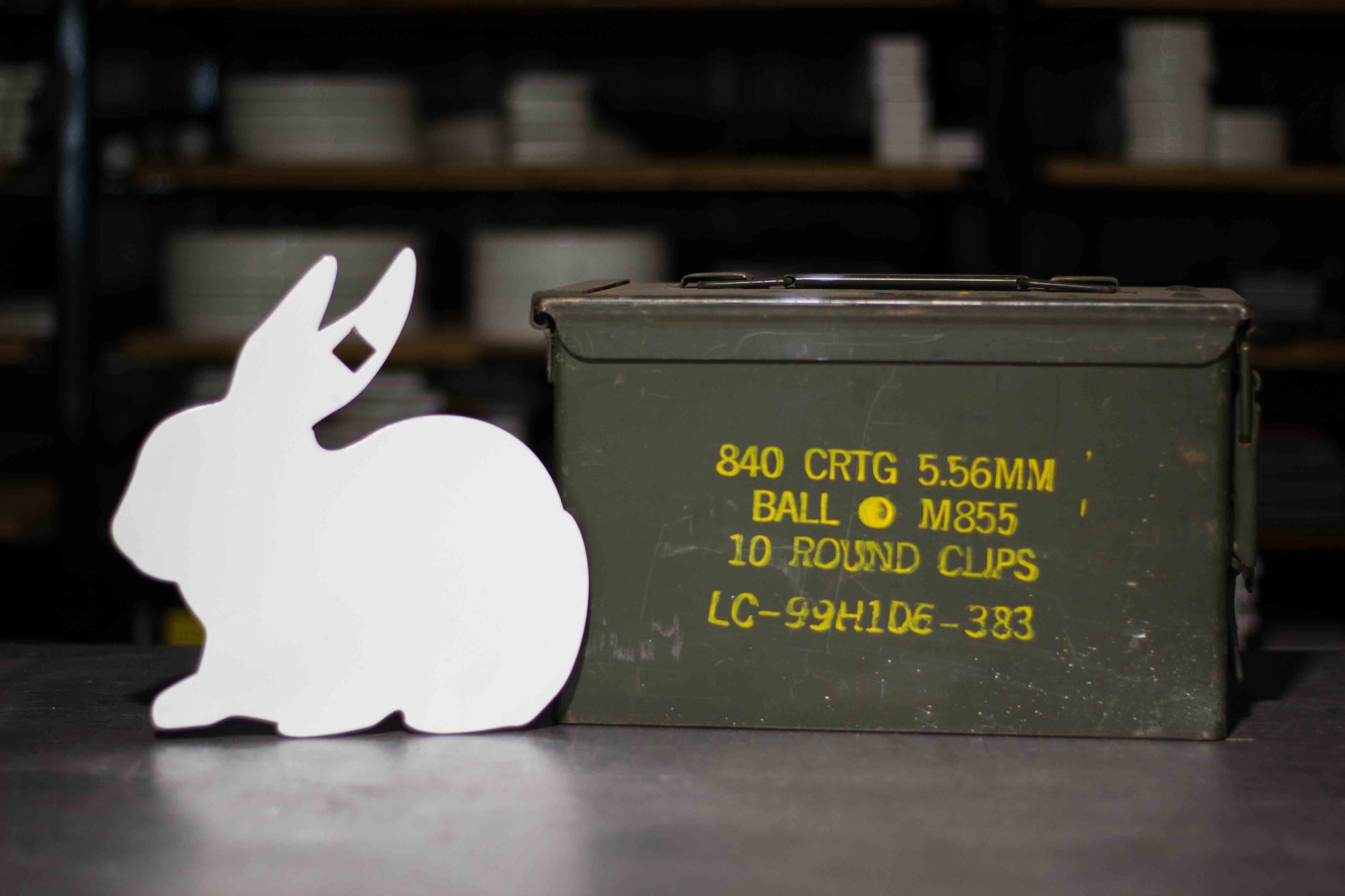 rabbit target with ammo can for scale