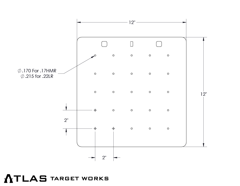 Rimfire Sight In Target Dimensions 12" x 12" with 2" spacing between .170" or .215"  holes