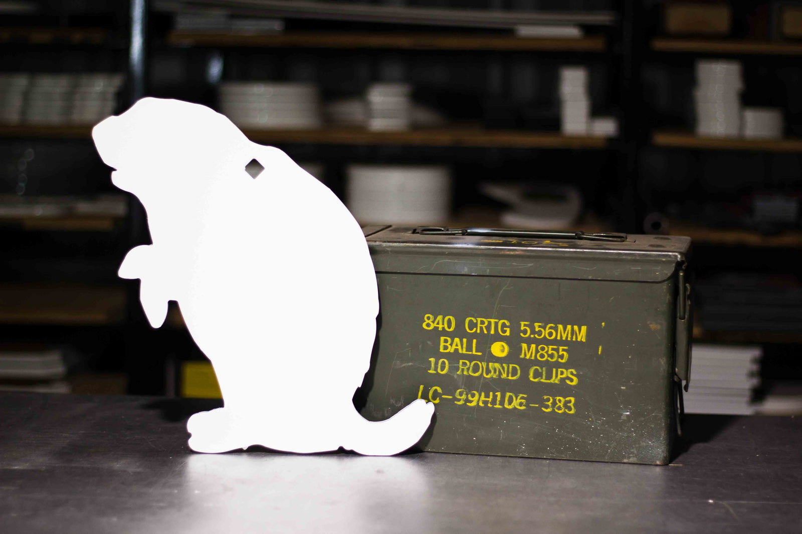groundhog target with ammo can for scale