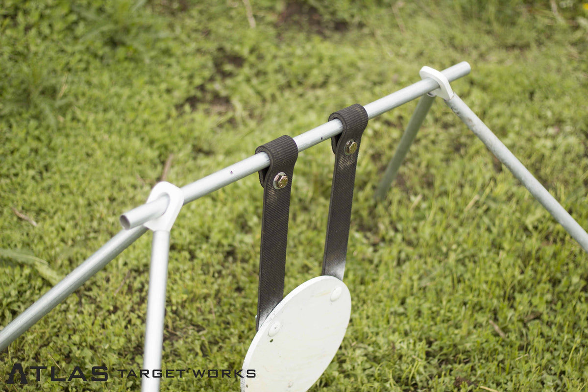 rubber steel target gong hanging straps wrapped around conduit